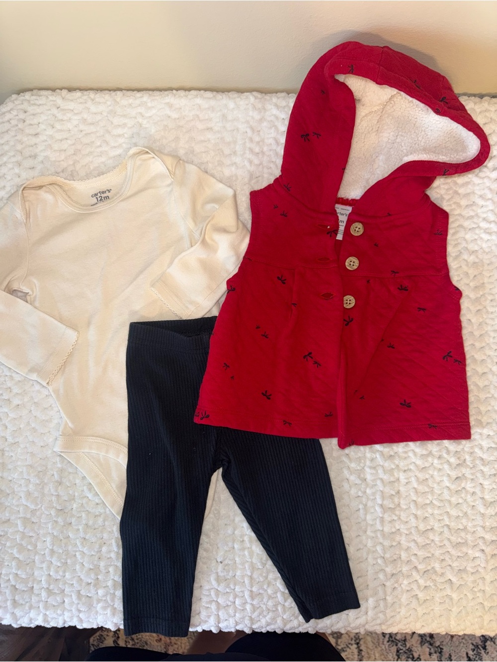 Carter's Red Hooded Vest with Cream Bodysuit & black Leggings Set
